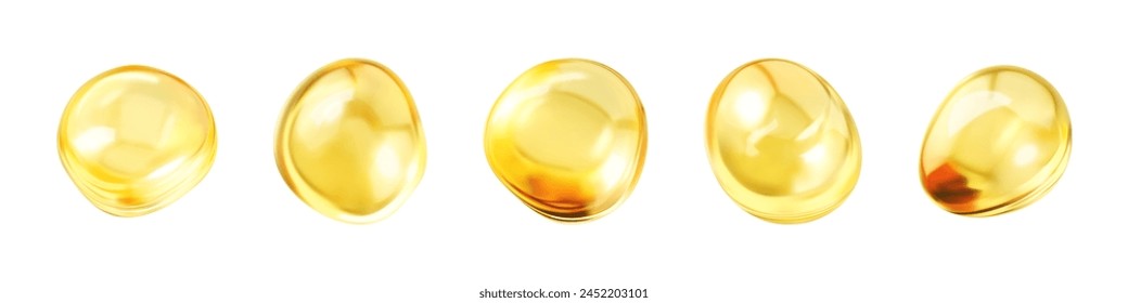 Blasen aus Goldkollagen im Serum. Kosmetische Essenz. Goldgelbes Blasenöl oder Serum. Konzept Hautpflege Kosmetiklösung. Vektorgrafik realistische Darstellung
