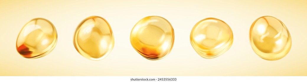 Gold collagen serum bubbles. Cosmetic essence. Golden yellow bubble oil or serum. Concept skincare cosmetics solution. Vector realistic illustration