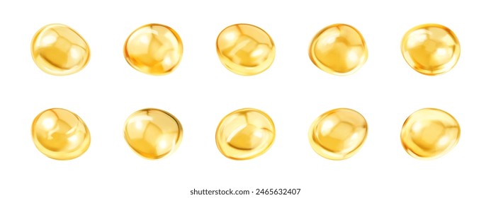 Gold collagen serum bubbles. Cosmetic essence. Golden yellow bubble oil or serum. Concept skincare cosmetics solution. Vector realistic illustration