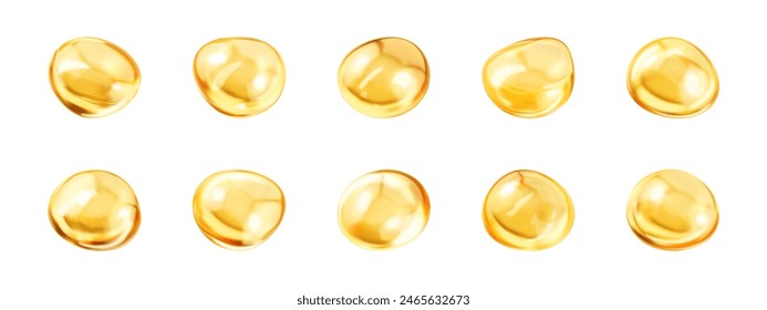 Gold collagen serum bubbles. Cosmetic essence. Golden yellow bubble oil or serum. Concept skincare cosmetics solution. Vector realistic illustration