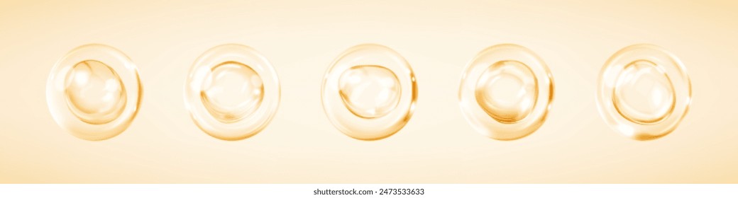 Gold collagen serum bubbles. Cosmetic essence. Concept skincare cosmetics solution. Vector realistic illustration

