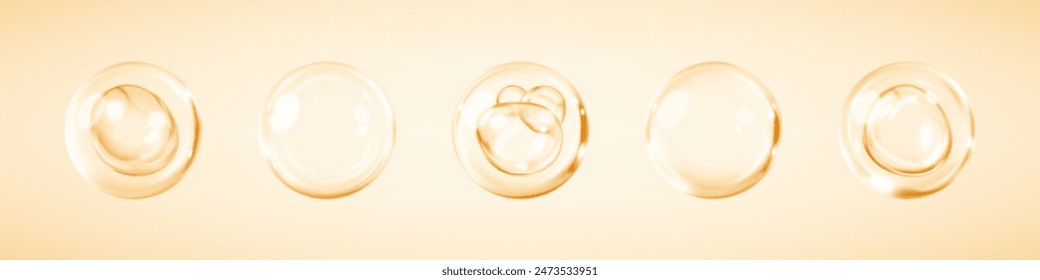 Gold collagen serum bubbles. Cosmetic essence. Concept skincare cosmetics solution. Vector realistic illustration
