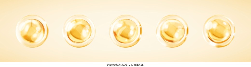 Gold collagen serum bubbles. Cosmetic essence. Concept skincare cosmetics solution. Vector realistic illustration