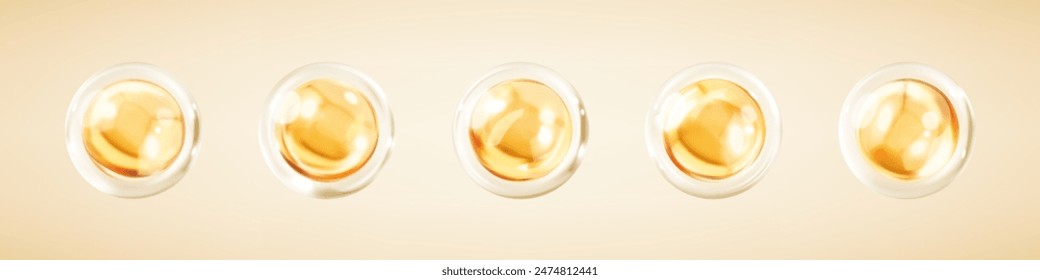 Gold collagen serum bubbles. Cosmetic essence. Concept skincare cosmetics solution. Vector realistic illustration