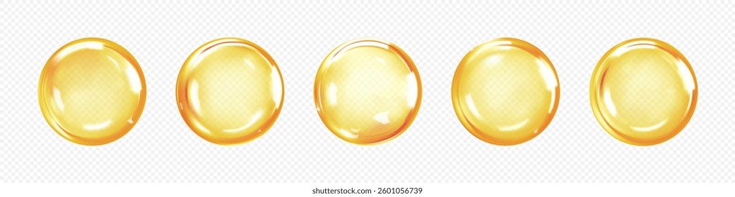 Gold collagen serum bubbles. Cosmetic oil or essence. Concept skincare cosmetics solution. Vector realistic illustration 