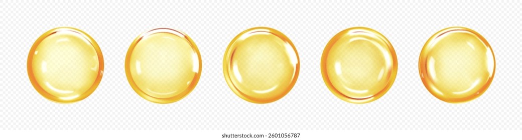 Gold collagen serum bubbles. Cosmetic oil or essence. Concept skincare cosmetics solution. Vector realistic illustration 