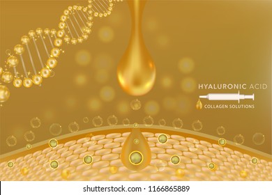 Gold Collagen Serum drop, cosmetic advertising background ready to use, luxury skin care ad, syringe in 3d illustration.	