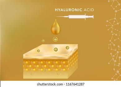Gold Collagen Serum drop, cosmetic advertising background ready to use, hyaluronic acid skin care ad, syringe in 3d illustration.