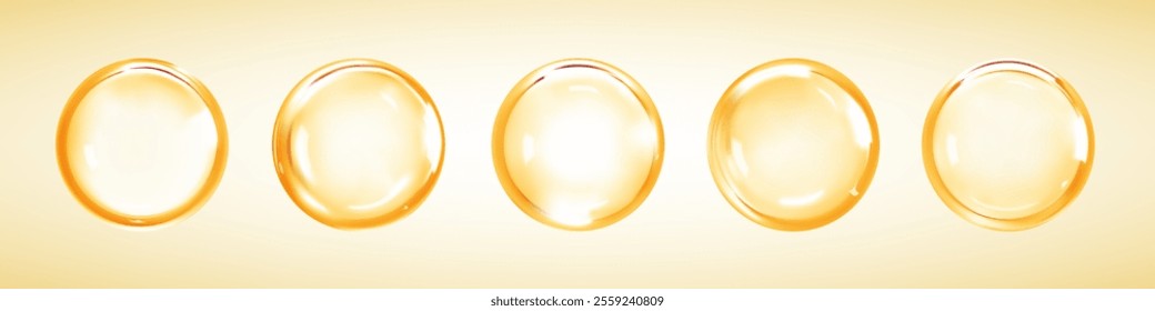 Gold collagen serum or essence drops. Cosmetic oil. Concept skincare cosmetics solution. Vector illustration