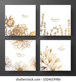 Gold collection of cards design with peonies, lavender, chamomile and leaves of ginkgo biloba. Template frame for birthday and greeting card, wedding invitation, flyer, package design