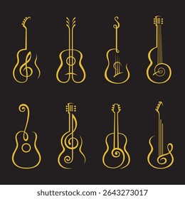 coleção de ouro de guitarra acústica clássica isolada sobre fundo preto
