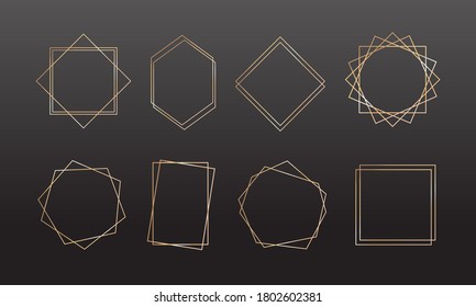 Gold collection of geometric frame on black background. Decorative element for logo, card, invitation. Luxury templates, art deco style for wedding invitation.