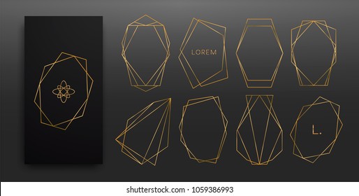 Gold collection of geometrical polyhedron, art deco style for wedding invitation, luxury templates, decorative patterns,... Modern abstract elements, vector illustration, isolated on backgrounds.