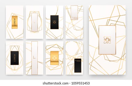 Gold collection of geometrical polyhedron, art deco style for wedding invitation, luxury templates, decorative patterns,... Modern abstract elements, vector illustration, isolated on backgrounds.