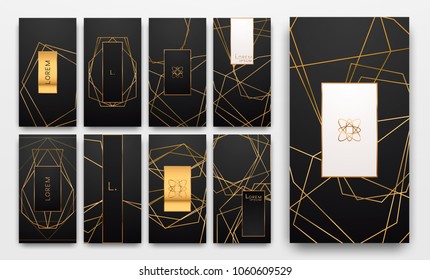 Gold collection of geometrical polyhedron, art deco style for wedding invitation, luxury templates, decorative patterns,... Modern abstract elements, vector illustration, isolated on backgrounds.