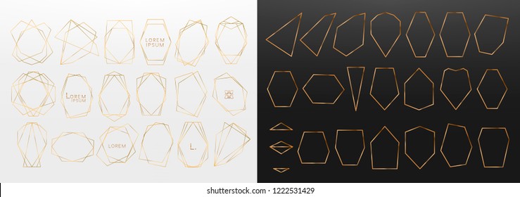 Gold collection of geometrical polyhedron, art deco style for wedding invitation, luxury templates, decorative patterns,... Modern abstract elements, vector illustration, isolated on backgrounds.