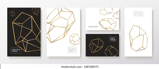 Gold collection of geometrical polyhedron, art deco style for wedding invitation, luxury templates, decorative patterns,... Modern abstract elements, vector illustration, isolated on backgrounds.