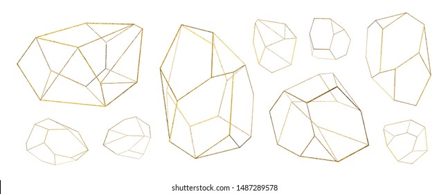 Gold collection of geometrical polyhedron, art deco style for wedding invitation, luxury templates, decorative patterns,... Modern abstract elements, vector illustration, isolated on backgrounds.