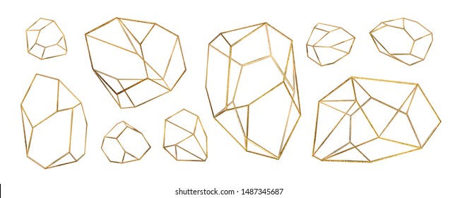 Gold collection of geometrical polyhedron, art deco style for wedding invitation, luxury templates, decorative patterns,... Modern abstract elements, vector illustration, isolated on backgrounds.