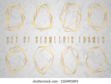 Gold collection of geometrical polyhedron. Vector Border Collection for Birthday, New Year, Christmas Card. Vector modern design wedding invitation. Minimal template for creative designs, card.