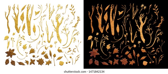 Gold Collection Of Leaves And Flowers, Branches, Autum Decor. Set Of Golden Vector Floral Design Elements For Invitation, Wedding Cards, Valentines Day, Greeting Cards. Isolated On White And Black. 