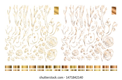 Gold Collection Of Leaves And Flowers, Branches, Autum Decor. Set Of Golden Vector Floral Design Elements For Invitation, Wedding Cards, Valentines Day, Greeting Cards. Isolated On White. 