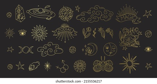 Gold Collection Of Mystical And Astrological Icons. Astro Tattoo Or Stickers. Decor For Natal Chart And Horoscopes. Zodiac Signs. Big Esoteric Set. Line Art In Vector Illustration. Isolated Elements.