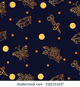 Gold Collection Mystical Celestial Simple Minimalism Circle Gold Object Symbol Space Elements Vintage Illustration Dark Blue Background.