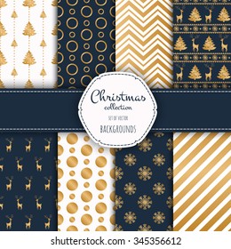 Gold collection of seamless patterns with blue and white colors.  Set of seamless backgrounds with traditional symbols - snowflakes, pine tree,deer and suitable abstract patterns. 