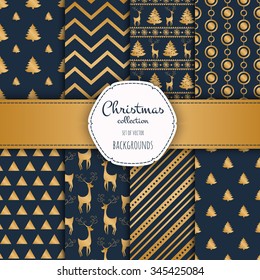 Gold collection of seamless patterns with blue colors.  Set of seamless backgrounds with traditional symbols - snowflakes, pine tree,deer and suitable abstract patterns. 