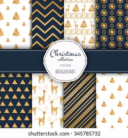 Gold collection of seamless patterns with blue and white colors.  Set of seamless backgrounds with traditional symbols - snowflakes, pine tree,deer and suitable abstract patterns. 