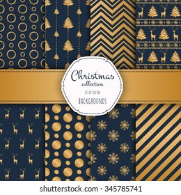 Gold collection of seamless patterns with blue.  Set of seamless backgrounds with traditional symbols - snowflakes, pine tree,deer and suitable abstract patterns. 