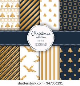 Gold collection of seamless patterns with blue and white colors.  Set of seamless backgrounds with traditional symbols - snowflakes, pine tree,deer and suitable abstract patterns. 