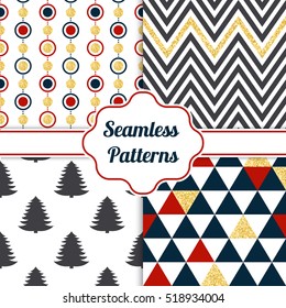 Gold collection of seamless patterns with blue, red, white colors. Set of seamless backgrounds with traditional symbols -pine tree, and suitable abstract patterns.