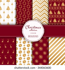 Gold collection of seamless patterns with red and white colors.  Set of seamless backgrounds with traditional symbols - snowflakes, pine tree,deer and suitable abstract patterns. 