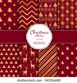 Gold collection of seamless patterns with red colors.  Set of seamless backgrounds with traditional symbols - snowflakes, pine tree,deer and suitable abstract patterns. 