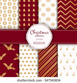 Gold collection of seamless patterns with red and white colors.  Set of seamless backgrounds with traditional symbols - snowflakes, pine tree,deer and suitable abstract patterns. 