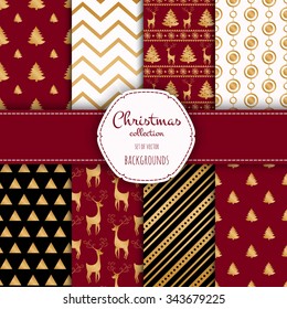 Gold collection of seamless patterns with red,black and white colors.  Set of seamless backgrounds with traditional symbols - snowflakes, pine tree,deer and suitable abstract patterns. 