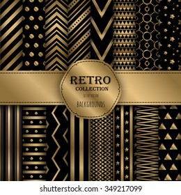 Gold collection of seamless patterns for wallpapers, pattern fills, web backgrounds, birthday and wedding cards. Black and gold colors.