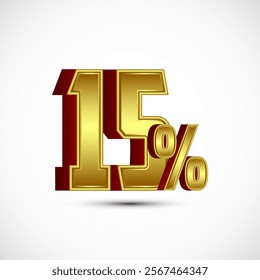 Gold color 15 Percent 3D discount tag sticker, big offer, sale symbol, special offer label