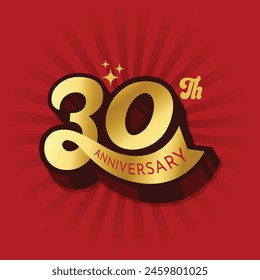 Gold Farbe 30th Anniversary Logo für feiern Unternehmen oder Person 30 Jahre Geburtstag. Dreißigjähriges Jubiläums-Luxus-Logo auf rotem Hintergrund. Typografie zum 50-jährigen Jubiläum mit Band-Vektorgrafik.