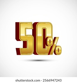 Gold color 50 Percent 3D discount tag sticker, big offer, sale symbol, special offer label