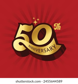 Gold color 50th anniversary logo for celebrate company or person 50 years birthday. Fifty years anniversary luxury logo on red color background. 50th anniversary typography with ribbon vector. 