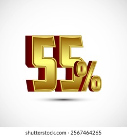 Gold color 55 Percent 3D discount tag sticker, big offer, sale symbol, special offer label