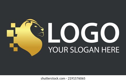 Gold Color Abstract Leon Head Pixel Logo Design