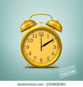 gold color alarm clock, gold color ring on yellow dial, vector drawing