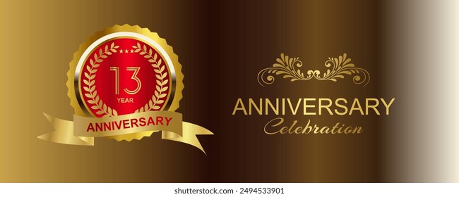 Gold color anniversary badge on gold background for celebration moments. for company profiles, booklets, flyers, magazines, brochures, web, invitations or greeting cards