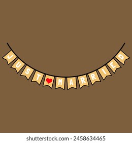 gold color banner that reads just married curved vector illustration