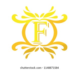 gold color beautiful luxury classic vintage swirl or floral border logo design template with initial name of business company on it type letter f