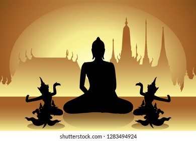 Gold color Buddha Siddhartha gautama and angel from Buddhism and temple with sunshine background